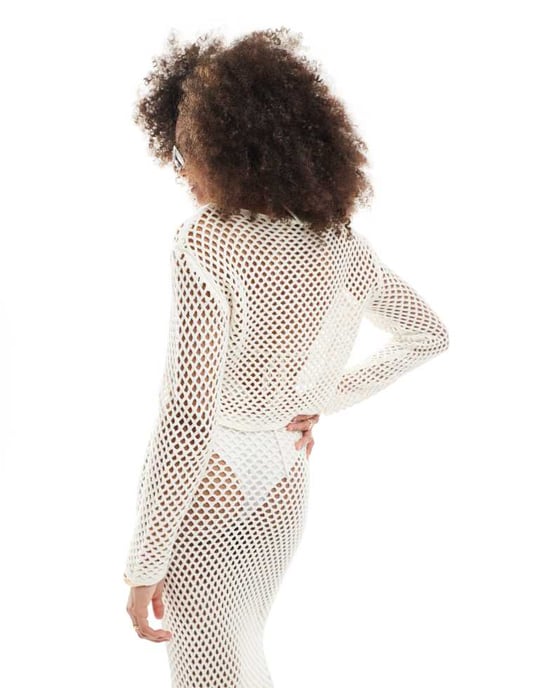 Miss Selfridge open knit crochet holey slouch jumper in cream-White - Image 4