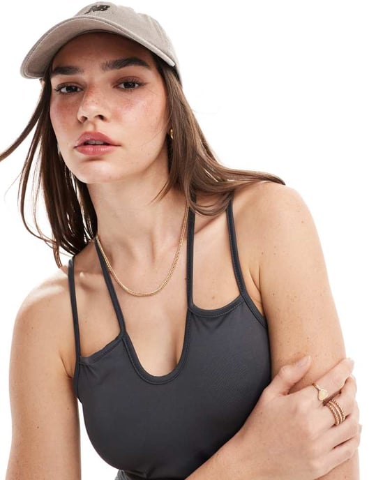 Pieces cross back strap unitard in charcoal-Grey - Image 3