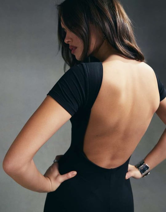 ASOS DESIGN soft touch unitard with open back and 3/4 trouser in black - Image 4