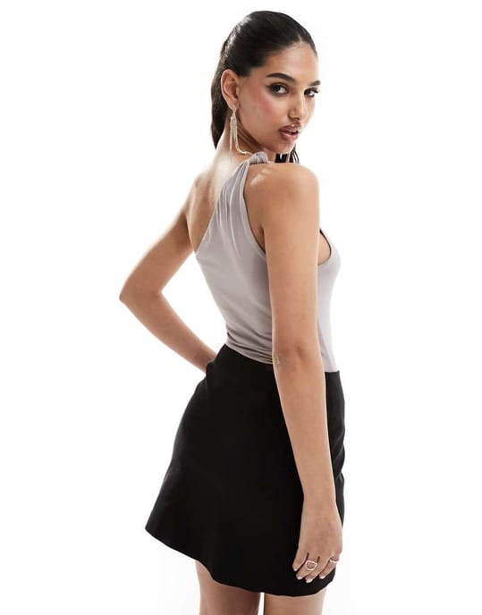 Abercrombie & Fitch one shoulder twist bodysuit in taupe-Neutral - Image 4