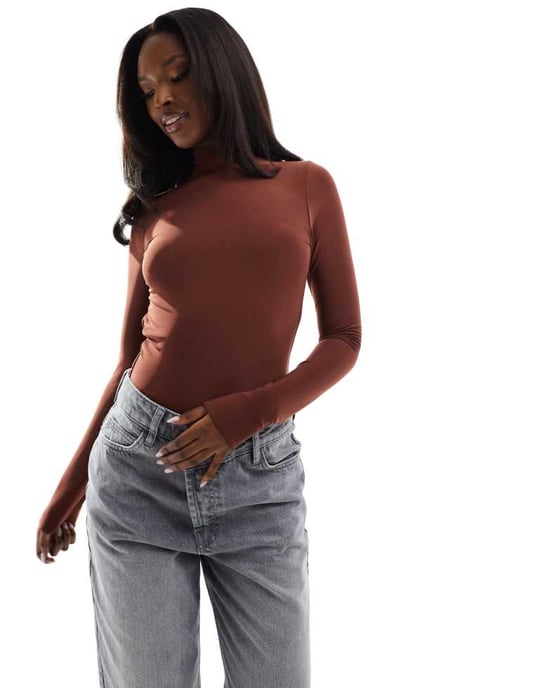 ASOS DESIGN double layer slinky backless bodysuit in cappuccino brown - Image 3