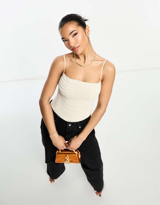 Abercrombie & Fitch cami ruched bodysuit in stone-Neutral - Image 1