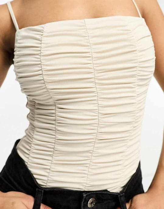 Abercrombie & Fitch cami ruched bodysuit in stone-Neutral - Image 3