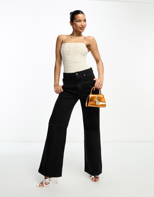 Abercrombie & Fitch cami ruched bodysuit in stone-Neutral - Image 4