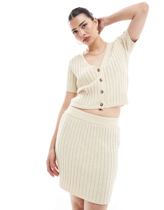 Vero Moda Aware lightweight knitted mini skirt co-ord in cream-White - Image 1