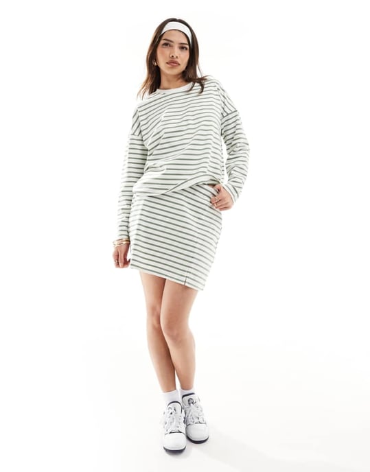 Vero Moda jersey mini skirt co-ord in green stripe - Image 1