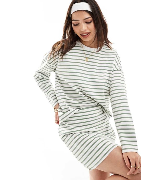 Vero Moda jersey mini skirt co-ord in green stripe - Image 2