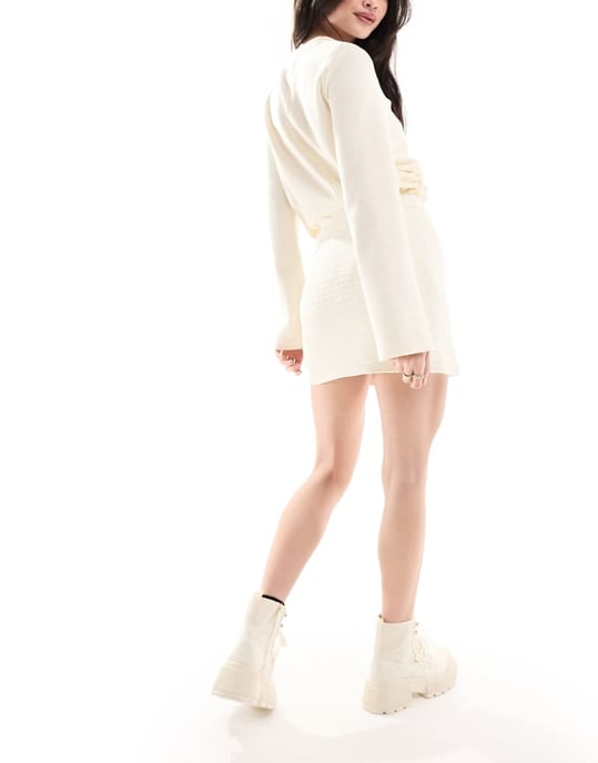 ASOS DESIGN boucle tailored mini skirt with splits in cream-White - Image 4