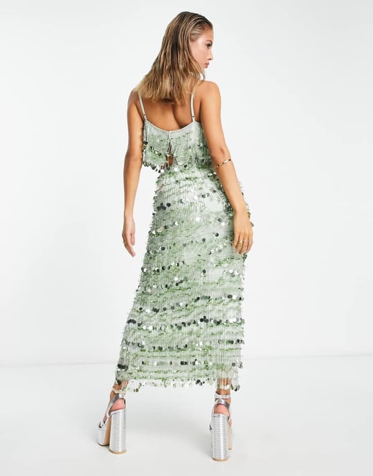 ASOS EDITION paillette fringe sequin midi skirt in sage green - Image 2