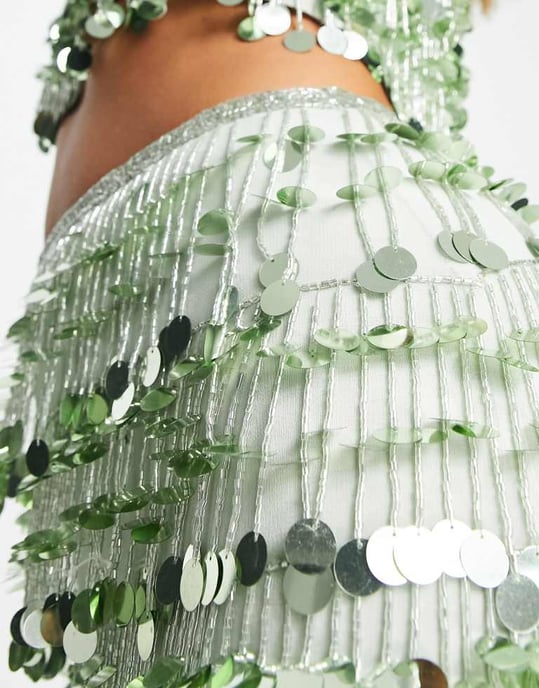 ASOS EDITION paillette fringe sequin midi skirt in sage green - Image 3