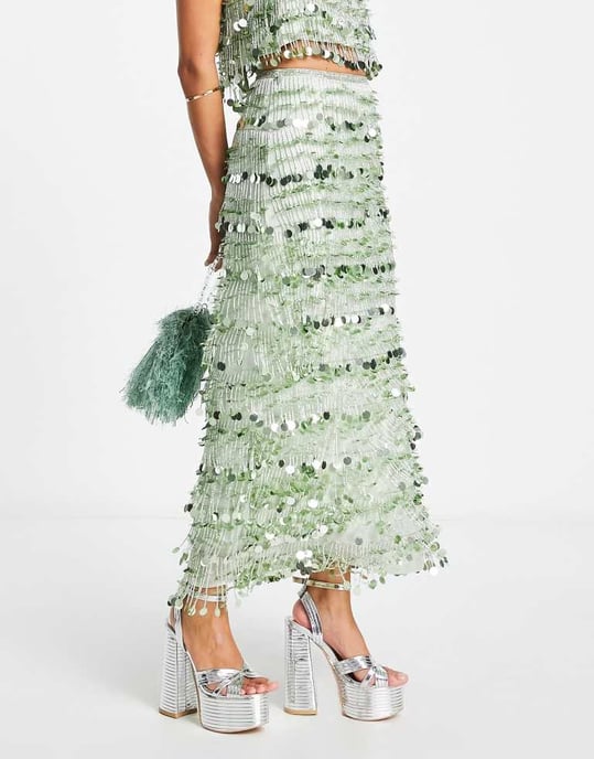 ASOS EDITION paillette fringe sequin midi skirt in sage green - Image 4