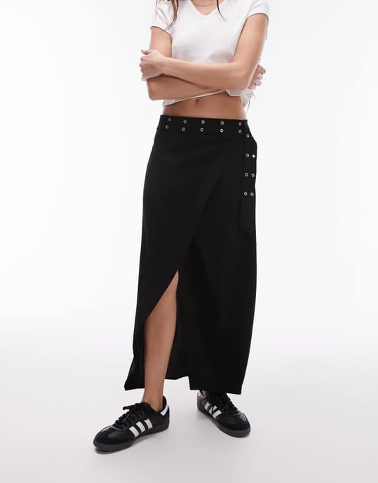 Topshop eyelet wrap low rise midi skirt in black - Image 1
