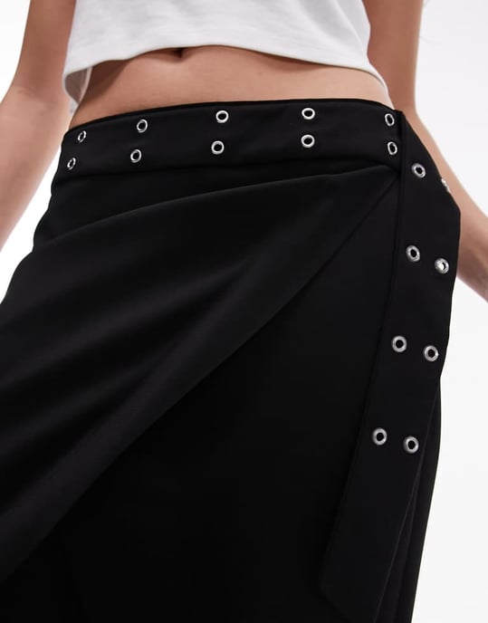 Topshop eyelet wrap low rise midi skirt in black - Image 3