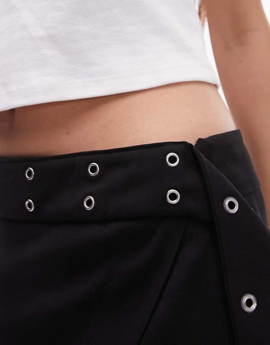 Topshop eyelet wrap low rise midi skirt in black - Image 4