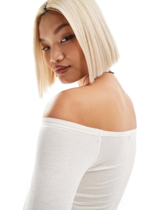 Motel off-shoulder fine gauge long sleeve top in off-white - Image 2