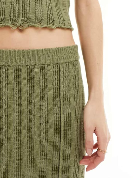 ASOS DESIGN knitted maxi skirt in rib co-ord in khaki-Green - Image 4