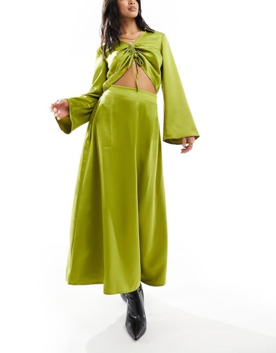 Vero Moda Petite satin maxi skirt co-ord in olive-Green - Image 3
