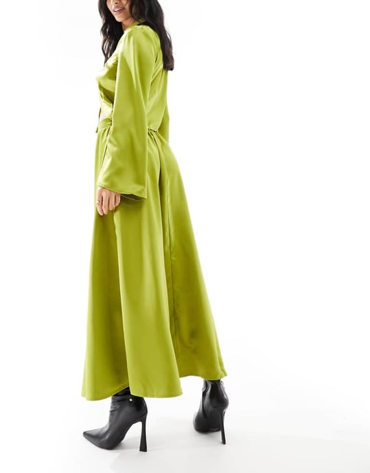Vero Moda Petite satin maxi skirt co-ord in olive-Green - Image 4