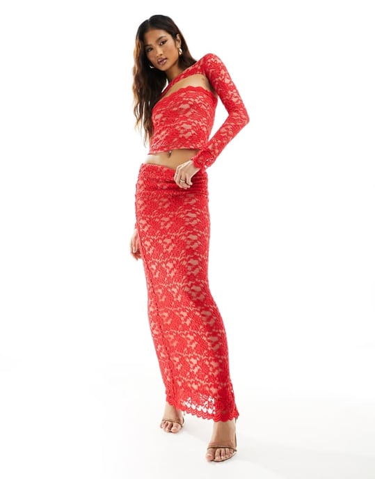 ASOS DESIGN co-ord lace maxi column skirt in red - Image 1