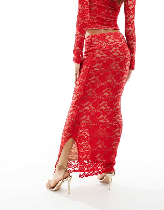 ASOS DESIGN co-ord lace maxi column skirt in red - Image 3