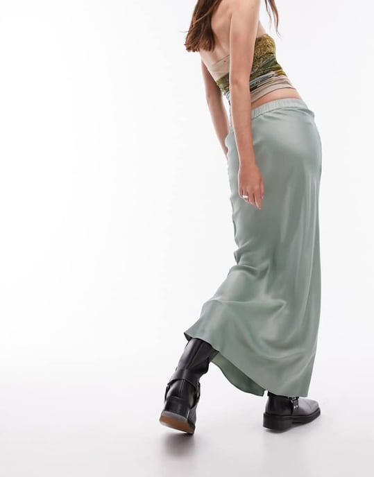 Topshop satin bias maxi skirt with elastic waist band in sea green-Blue - Image 2