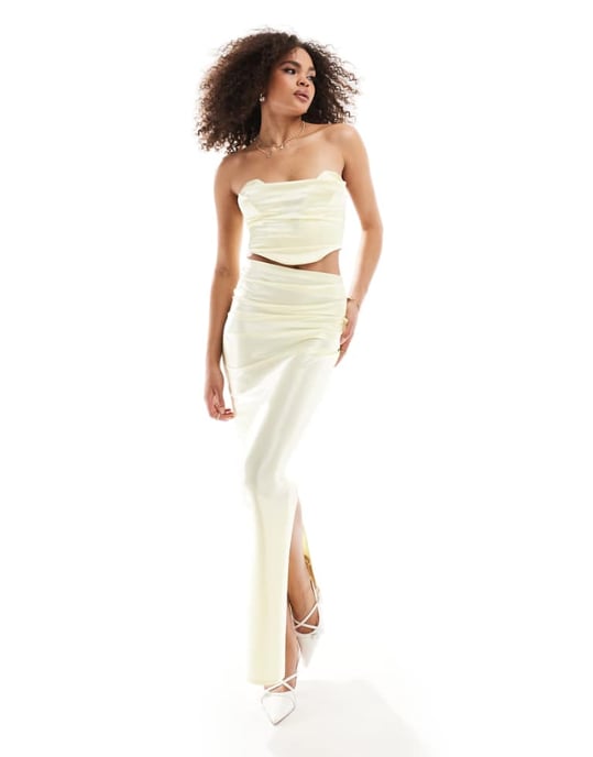 ASOS DESIGN co-ord ruched side satin twill maxi skirt in lemon-Yellow - Image 1