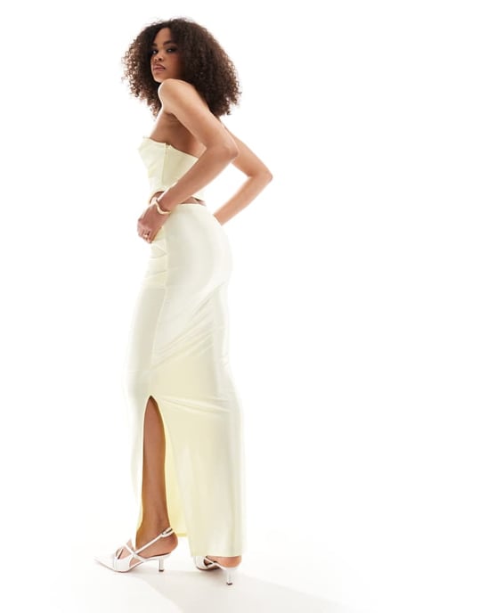 ASOS DESIGN co-ord ruched side satin twill maxi skirt in lemon-Yellow - Image 3