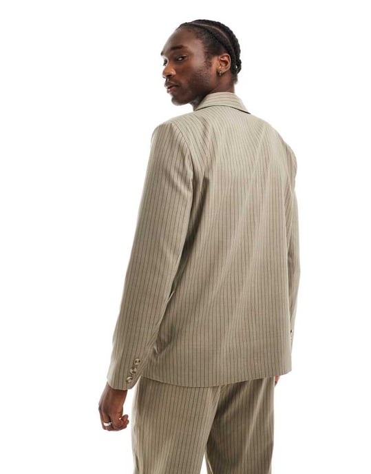 Reclaimed Vintage suit blazer in beige pinstripe co-ord-Neutral - Image 3