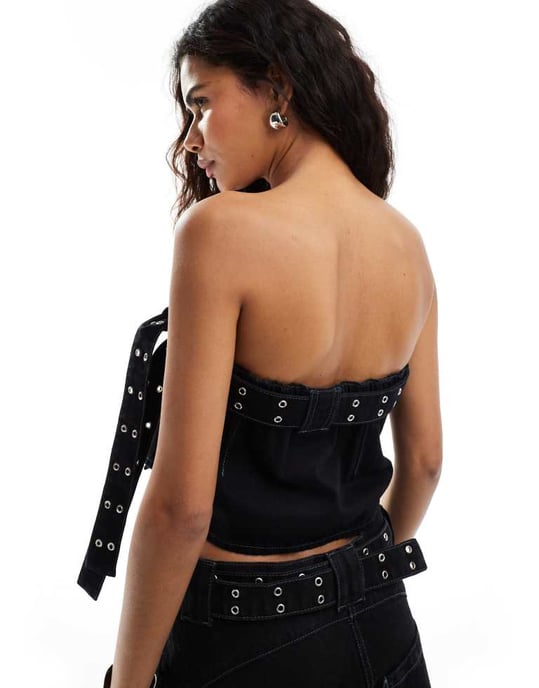 COLLUSION festival denim belted bandeau crop top in black - Image 4