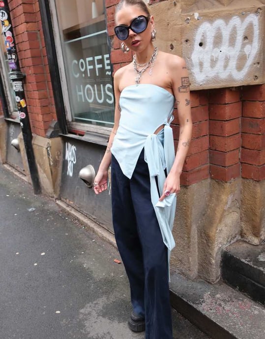 Labelrail x Daisy Birchall asymmetric slinky bandeau top with bow detail in ice blue - Image 1