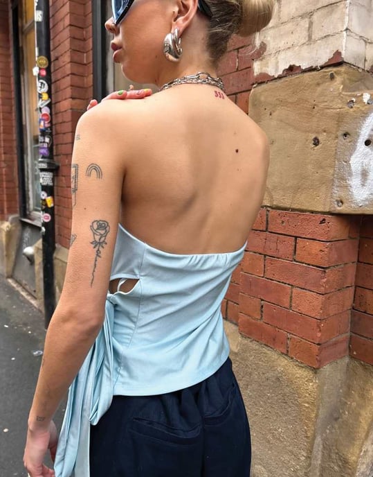 Labelrail x Daisy Birchall asymmetric slinky bandeau top with bow detail in ice blue - Image 2