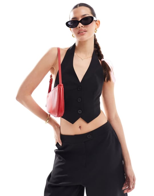 Miss Selfridge halter backless waistcoat co ord in black - Image 1