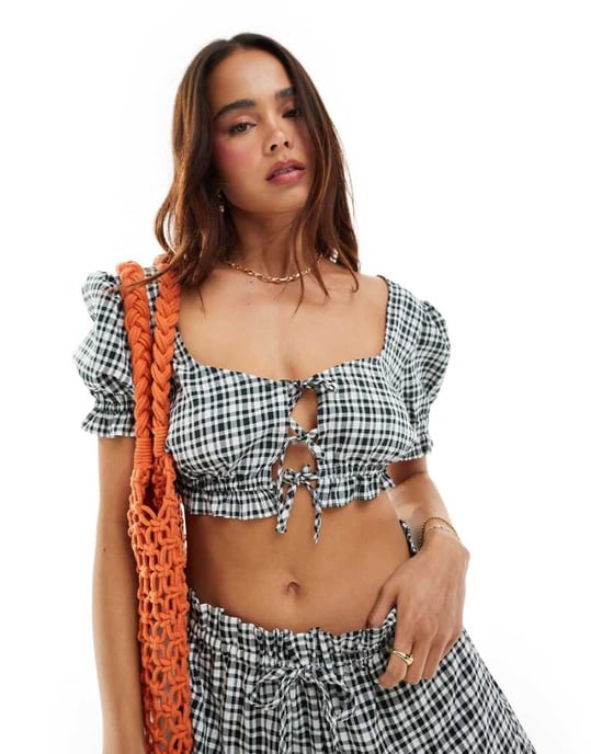 ASOS DESIGN top with tie front in mono gingham co-ord-Multi - Image 1