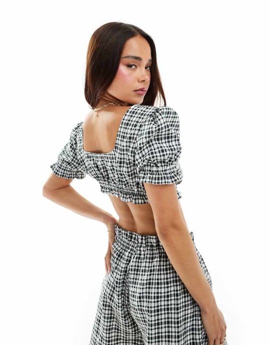 ASOS DESIGN top with tie front in mono gingham co-ord-Multi - Image 3