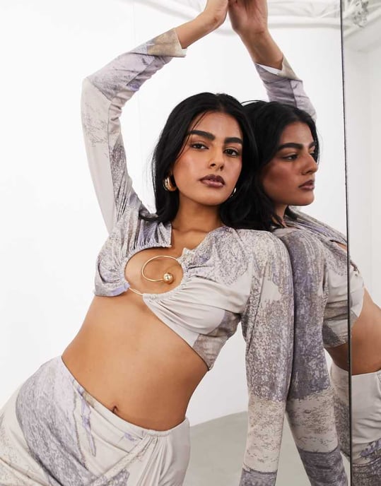 ASOS EDITION spiral trim ruched detail top with long sleeves in abstract print-Neutral - Image 1