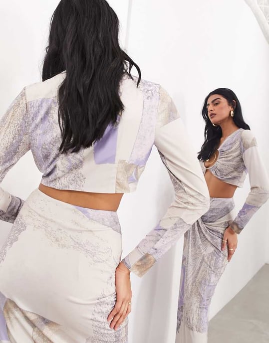 ASOS EDITION spiral trim ruched detail top with long sleeves in abstract print-Neutral - Image 4