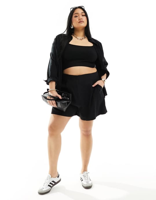 ASOS DESIGN Curve seamed high waist shorts with linen in black - Image 3