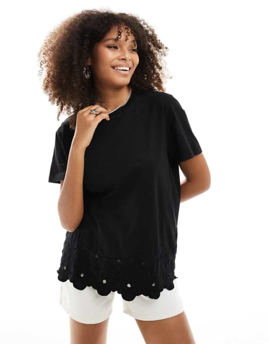 ASOS DESIGN embroidered hem t-shirt in black - Image 1