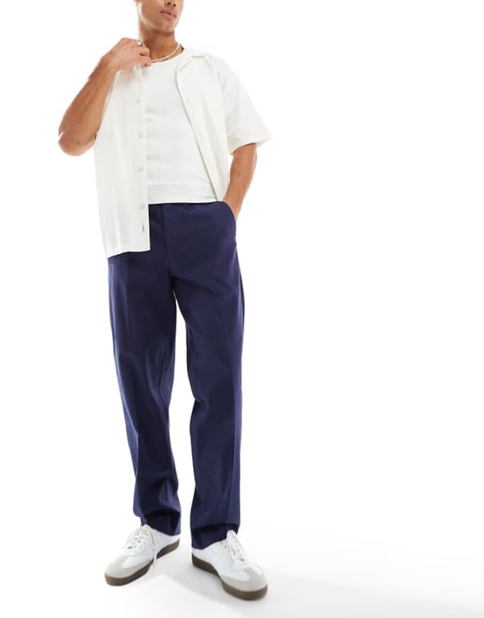 ASOS DESIGN smart straight leg linen blend trousers in navy - Image 4