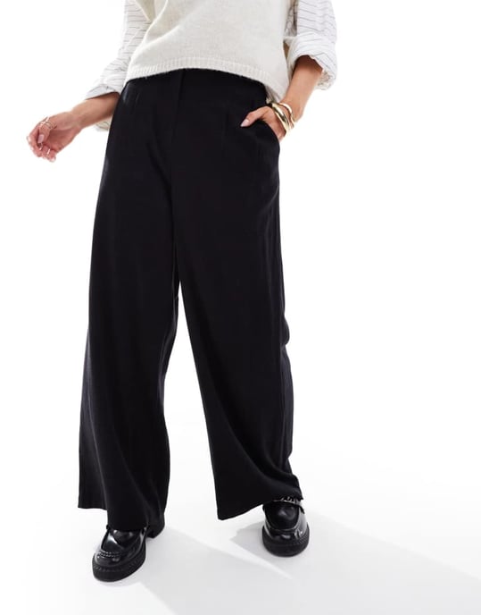 ASOS DESIGN Petite tailored high waist seam wide leg detail linen trousers in black - Image 2