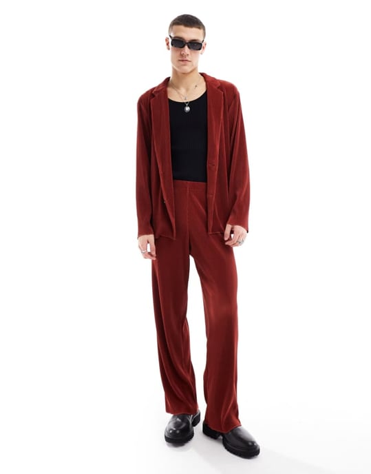 ASOS DESIGN wide plisse suit trousers in red-Brown - Image 1