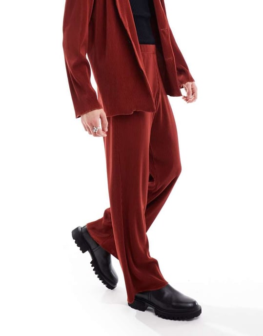 ASOS DESIGN wide plisse suit trousers in red-Brown - Image 2