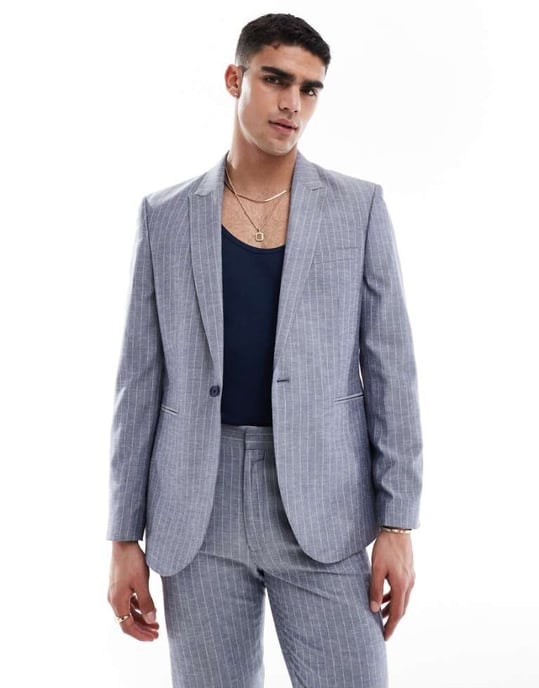 ASOS DESIGN slim linen mix suit jacket in navy pinstripe - Image 1