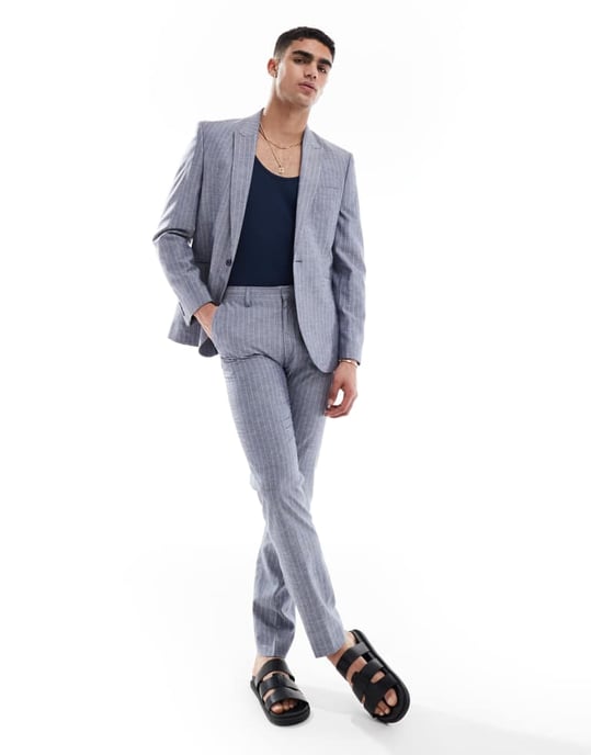 ASOS DESIGN slim linen mix suit jacket in navy pinstripe - Image 2