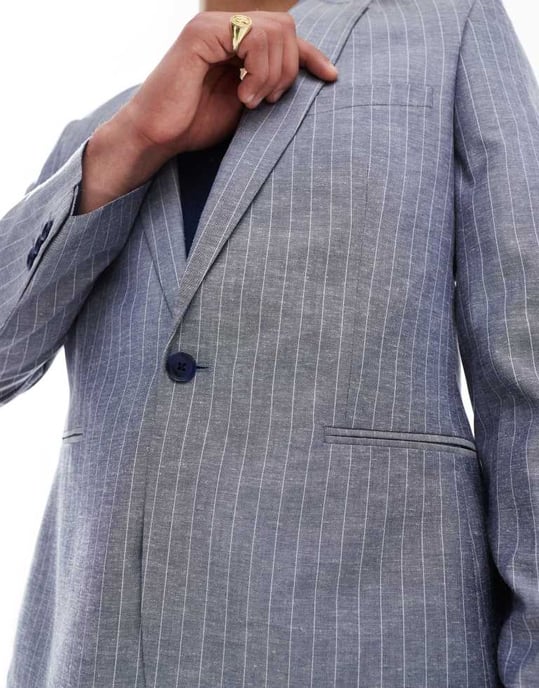 ASOS DESIGN slim linen mix suit jacket in navy pinstripe - Image 3