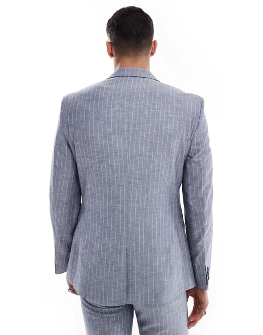 ASOS DESIGN slim linen mix suit jacket in navy pinstripe - Image 4