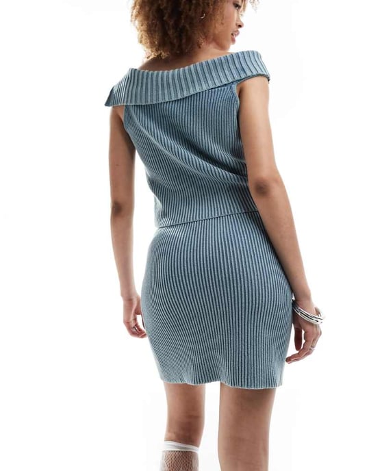 Reclaimed Vintage knitted skirt in acid wash co-ord in blue-Neutral - Image 4