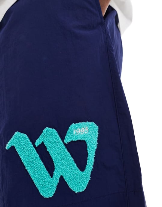 ASOS DESIGN nylon short in navy with boucle patch & embroidery - Image 3