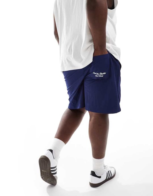 ASOS DESIGN nylon short in navy with boucle patch & embroidery - Image 4