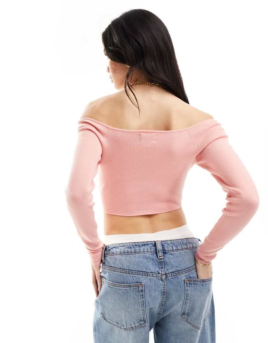 ASOS DESIGN knitted off shoulder bardot top in dusty pink - Image 4